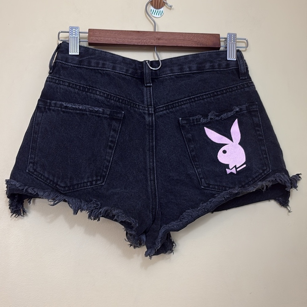 Pacsun Playboy Black Denim 5 Pocket Distressed Cutoff Jean Bunny Logo Shorts 25